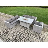 7-Sitzer Polyrattan Gartenmöbel Set mit 2 Sofa, Gas Feuertisch und Sessel Outdoor Terrassen Essgruppe Helles Grau - Fimous von FIMOUS