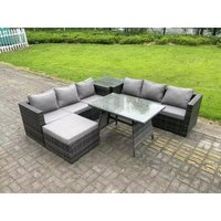 7-Sitzer Rattan Garten Esstisch Set Outdoor Möbel Sofa mit Esstisch 2 Großer Hockern Beistelltisch Dunkelgrau Gemischt - Fimous von FIMOUS