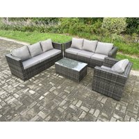 7-Sitzer Rattan Gartenmöbel Set Indoor Outdoor Patio Sofa Set mit Länglichem Couchtisch Sessel Dunkelgrau Gemischt - Fimous von FIMOUS