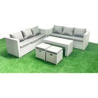 8-Sitzer Gartenmöbel-Set im Freien Polyrattan Garten Sofa Rechteckiger Couchtisch Set mit 2 kleinen Hockern Hellgrau gemischt - Fimous von FIMOUS