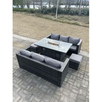 8-Sitzer Outdoor Rattan Gartensofa Set Gartenmöbel Gas Feuerstelle Tisch Set Esstisch Fußhocker Dunkelgrau Gemischt - Fimous von FIMOUS