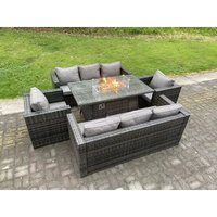 8-Sitzer Rattan Gartenmöbel Sofa Set Outdoor Patio Gas Feuer Grube Esstisch Gas Heizung Brenner mit 2 Sesseln Dunkelgrau gemischt - Fimous von FIMOUS