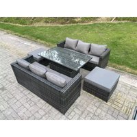 8-Sitzer Wicker Polyrattan Sofa Gartenmöbel Set Outdoor Einstellbare Steigende Hebende Esstisch Set mit 2 großen Fußhockern Dunkelgrau gemischt von FIMOUS