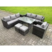 9-Sitzer Polyrattan Garten Esstisch Set Gartenmöbel Sofa mit Patio Sessel 2 Kleiner Hockern Dunkelgrau Gemischt - Fimous von FIMOUS