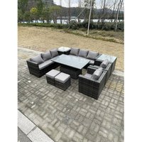 9 Sitzer Rattan Gartenmöbel Set Einstellbarer aufsteigender Esstisch mit Beistelltisch Stühle Hocker Dunkelgrau Gemischt - Fimous von FIMOUS