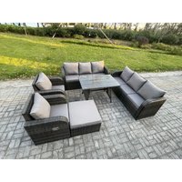 9-Sitzer Rattan Gartenmöbel Sofa Set Tisch & Stühle Set mit 3-Sitzer Sofa Rechteckiger Esstisch 2 Großer Hockern Dunkelgrau Gemischt - Fimous 9-Sitzer Rattan Gartenmöbel Sofa Set Tisch & Stühle Set mit 3-Sitzer Sofa Rechteckiger Esstisch 2 Großer Hockern Dunkelgrau Gemischt - Fimous von FIMOUS