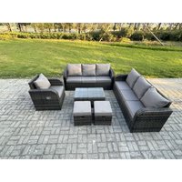 9-Sitzer Rattan Lounge Sofa Set Gartenmöbel-Set mit Rechteckiger Couchtisch 3-Sitzer Sofa 2 kleine Fußhockern Dunkelgrau Gemischt - Fimous von FIMOUS