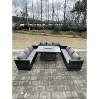 9 Sitzer U Form Outdoor Rattan Gartensofa Set Gartenmöbel Gas Feuerstelle Tisch Set Esstisch Dunkelgrau Gemischt - Fimous von FIMOUS