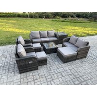 Fimous - 10-Sitzer Gartenmöbelset Rattan Garten Sofa im Freien Sessel mit Gehärteter Glastisch 3 Hockern Beistelltisch Dunkelgrau Gemischt von FIMOUS
