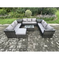 Fimous - 10-Sitzer Lounge Sofa Set Wicker pe Rattan Gartenmöbel Set mit Länglichem Couchtisch 2 Beistelltische Großer Fußhocker Dunkelgrau Gemischt von FIMOUS