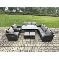 Fimous 10 Sitzer Rattan Garten Sofa Set Gartenmöbel Langer Rechteckiger Esstisch mit Sessel 3 Sitzer Sofa 2 kleine FußhockernDunkelgrau gemischt von FIMOUS