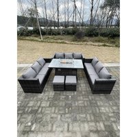 Fimous 11 Sitzer Outdoor Rattan Gartensofa Set Gartenmöbel Gas Feuerstelle Tisch Set Esstisch mit Hockern Dunkelgrau Gemischt von FIMOUS