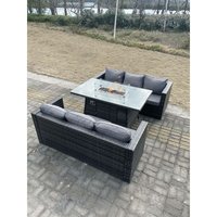 Fimous - 6-Sitzer Outdoor Rattan Gartensofa Set Gartenmöbel Gas Feuerstelle Tisch Set Esstisch Fußhocker Dunkelgrau Gemischt von FIMOUS