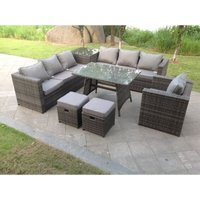 Fimous 7-Sitzer Grau Rattan Ecksofa Set mit Esstisch Sessel Fußhocker Gartenmöbel Outdoor von FIMOUS