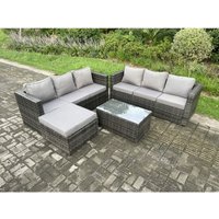 7-Sitzer Rattan Gartenmöbel Set Outdoor Patio Sofa Set mit Länglichem Couchtisch Großer Fußhocker Dunkelgrau Gemischt - Fimous von FIMOUS
