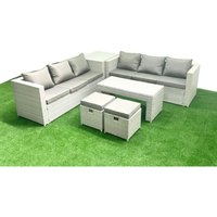 Fimous - 8-Sitzer Gartenmöbel-Set im Freien Polyrattan Garten Sofa Rechteckiger Couchtisch Set mit 2 kleinen Hockern Beistelltisch Hellgrau gemischt Fimous - 8-Sitzer Gartenmöbel-Set im Freien Polyrattan Garten Sofa Rechteckiger Couchtisch Set mit 2 kleinen Hockern Beistelltisch Hellgrau gemischt von FIMOUS