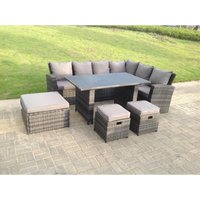 Fimous - 9-Sitzer High Back Rattan Gartenmöbel Set Ecksofa mit schwarzem gehärtetem Glas Esstisch 3 Hocker von FIMOUS