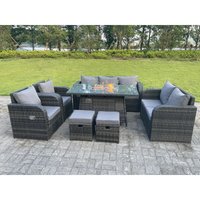 Dunkelgrau Gemischt Rattan Outdoor Gartenmöbel Gas Feuerstelle Brenner Tisch Sets Gas Heater Lounge Love Sofa Recling Stühle Fußhocker 9 Sitzer von FIMOUS