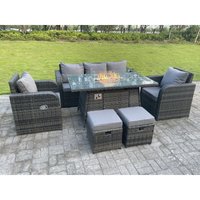 Fimous Dunkelgrau Gemischt Rattan Outdoor Gartenmöbel Gas Feuerstelle Brenner Tisch Sets Lounge Sofa Recling Stühle Fußhocker 7 Sitzer von FIMOUS