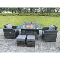 Fimous - Dunkelgrau Gemischt Rattan Outdoor Gartenmöbel Gas Feuerstelle Brenner Tisch Sets Recling Verstellbare Stühle Fußhocker 6 Sitzer von FIMOUS