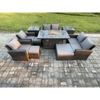 Fimous Gartenmöbel-Set im Freien 10 Stücke Polyrattan Möbel Gas Feuerstelle Esstisch Sofa Set mit 3 Hocker 2 Beistelltische Dunkelgrau Gemischt von FIMOUS