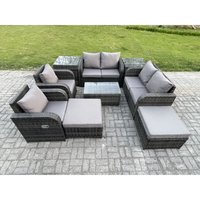 High Back Rattan Gartenmöbel Set mit Loveseat Sofa Rechteckiger Couchtisch 2 Beistelltische 2 Big Foothocker Indoor Outdoor Patio Lounge Sofa Set von FIMOUS