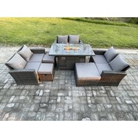 Fimous Hoher Rücken Rattan Gartenmöbel Sets mit Outdoor-Möbel Gas Feuerstelle Esstisch Set 3 Hocker Dunkelgrau Gemischt von FIMOUS