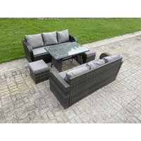 Fimous - Outdoor Rattan Gartenmöbel Sitzgruppe Lounge Sofa Set Esstisch Höhenverstellbarer Steigender Hebetisch Stühle 6 Sitzer von FIMOUS