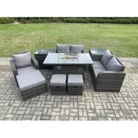 Outdoor Sofa Rattan Gartenmöbel Set Patio Gas Feuerstelle Esstisch und Liegestuhl Set mit 2 Beistelltische 3 Fußhocker Dunkelgrau Gemischt - Fimous von FIMOUS