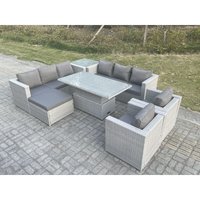 Fimous - Polyrattan Essgruppe Gartenmöbel Set Höhe verstellbar Esstisch Set mit Sofa 2 Sessel Beistelltisch Großer Fußhocker Helles Grau von FIMOUS