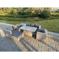 Polyrattan Essgruppe Gartenmöbel Set Höhe verstellbar Esstisch Set mit Sofa Sessel Beistelltisch Großer Fußhocker Helles Grau - Fimous von FIMOUS