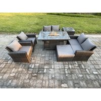 Fimous Polyrattan Gartenmöbel Set 7-Sitzer Gas Feuerstelle Esstisch Heater Set mit Doppelsitz-Sofa Beistelltische Großer Fußhocker Dunkelgrau Gemischt von FIMOUS