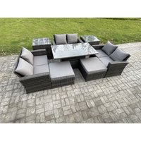 Fimous - Polyrattan Gartenmöbel Set Einstellbare Höhe Esstisch Sofa Set mit Doppelsitz-Sofa 2 Großer Fußhocker 2 Beistelltische Dunkelgrau Gemischt von FIMOUS