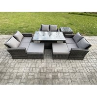 Fimous - Polyrattan Gartenmöbel Set Einstellbare Höhe Esstisch Sofa Set mit Doppelsitz-Sofa 2 Großer Fußhocker Beistelltische Dunkelgrau Gemischt von FIMOUS