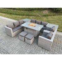 Fimous Polyrattan Gartenmöbel Set im Freien Gas Feuertisch Sofa Sets mit 2 Sessel 2 Beistelltisch 2 Kleiner Hocker Gas Feuerstelle Helles Grau von FIMOUS