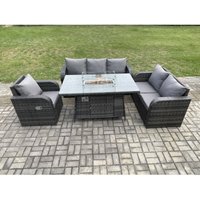 Polyrattan Gartenmöbel Set mit Gasfeuerstelle Esstisch 6-Sitzer Garten Sofa im Freien Set Dunkelgrau Gemischt - Fimous von FIMOUS