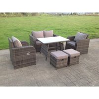Polyrattan Gartenmöbel Set mit Liegestühle 2-Sitzer Sofa Doppelsofa Rechteckiger Esstisch mit 2 Hockern - Fimous von FIMOUS
