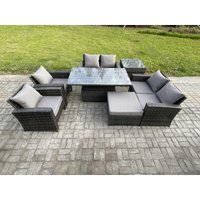 Fimous Rattan Gartenmöbel Set im Balkon 7-Sitzer Einstellbare Höhe Esstisch Sofa Set mit Doppelsitz-Sofa Beistelltische Großer Fußhocker Dunkelgrau von FIMOUS