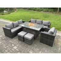 Rattan Gartenmöbel Sofa Set Outdoor Patio Gas Feuer Grube Esstisch Gas Heizung Brenner mit Sessel 2 Kleine Hocker 9 Sitz Dunkelgrau gemischt - Fimous von FIMOUS