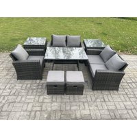 Garten Esstisch Set Polyrattan Outdoor Möbel Sofa mit Rechteckiger Esstisch Doppelsitz Sofa 2 Beistelltischen 2 kleine Fußhockern Dunkelgrau Gemischt von FIMOUS