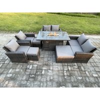 Gartenmöbel-Set im Freien 8 Stücke Polyrattan Möbel Gas Feuerstelle Esstisch Sofa Set mit 3 Hocker Dunkelgrau Gemischt - Fimous von FIMOUS