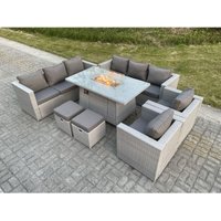 Gas Feuertisch für den Außenbereich Rattan Gartenmöbel Set mit 2 Sofa 2 Sessel 2 Kleiner Hocker Gas Feuerstelle Helles Grau - Fimous von FIMOUS