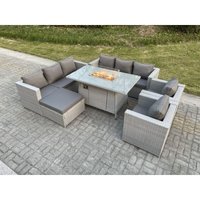 Fimous - Gas Feuertisch für den Außenbereich Rattan Gartenmöbel Set mit 2 Sofa 2 Sessel Hocker Gas Feuerstelle Helles Grau von FIMOUS