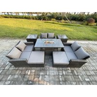 Hoher Rücken Rattan Gartenmöbel Sets mit Outdoor-Möbel Gas Feuerstelle Esstisch Set 2 Großer Fußhocker 2 Beistelltische Dunkelgrau Gemischt - Fimous von FIMOUS