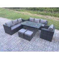 Outdoor Gartenmöbel Set Rattan Rechteckiger Esstisch Terrassen Sessel mit 2 Kleiner Hocker 9 Sitzer Dunkelgrau gemischt - Fimous von FIMOUS