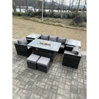 Fimous - Outdoor Poly Rattan Gartenmöbel Gas Feuerstelle Esstisch Set Sessel Mit 2 Side Couchtisch Hocker Dunkelgrau Gemischt von FIMOUS