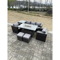 Outdoor Poly Rattan Gartenmöbel Gas Feuerstelle Esstisch Set Sessel mit Hohe Seite Couchtisch 2 Hocker Dunkelgrau Gemischt - Fimous von FIMOUS
