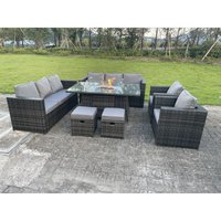 Outdoor Rattan Gartenmöbel Gas Feuerstelle Esstisch Sets Lounge Sessel Kleine Hocker Dunkelgrau Gemischt 10-Sitzer - Fimous von FIMOUS