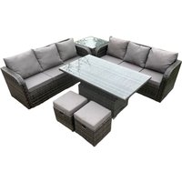 Fimous - Outdoor Rattan Gartenmöbel Sets Höhenverstellbarer aufsteigender Esstisch Sofa Set mit Beistelltisch 2 Kleine Fußhocker Dunkelgrau gemischt von FIMOUS