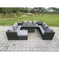 Outdoor Rattan Gartenmöbel Sofa Set Patio Einstellbarer aufsteigender Esstisch Set mit Beistelltisch Großer Fußhocker 10-Sitzer Dunkelgrau gemischt Outdoor Rattan Gartenmöbel Sofa Set Patio Einstellbarer aufsteigender Esstisch Set mit Beistelltisch Großer Fußhocker 10-Sitzer Dunkelgrau gemischt von FIMOUS